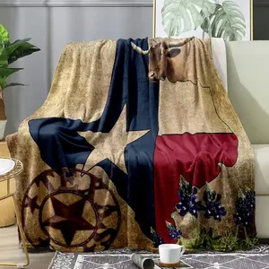 LUVIVIHOME Western Throw Blanket, Texas Flag Cattle Bull Bluebonnet Ranch Wild West Rodeo Cowboy Blanket, Cozy Soft Lightweight Fluffy Fuzzy Warm Plush Flannel Fleece Blanket for Couch, Sofa, 30"x40"