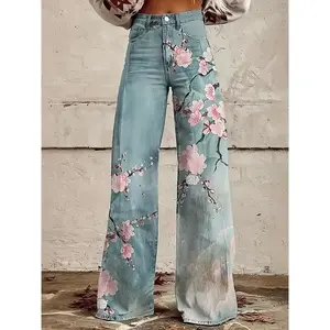 European And American Women'S Long Pants, Fashionable And Casual Wide Leg Pants, Peach Blossom 3D Printed Flared Pants, Simulated Denim Pants, Women'S Style
