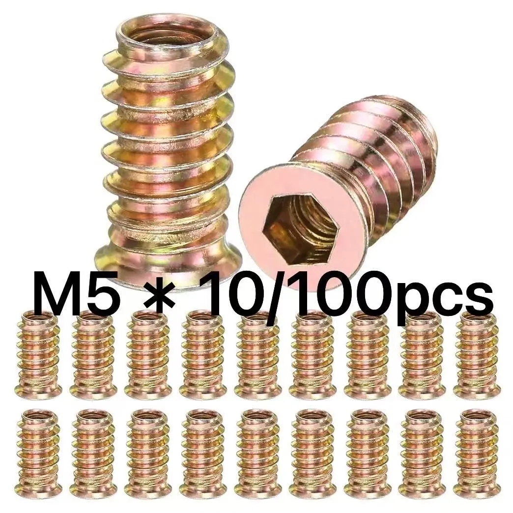 100 PCS M5x10mm Threaded Wood Inserts, Wood Inlaid Screws, Hex Drive Self-Tapping Insert Nuts, Zinc-Plated Carbon Steel Furniture Fasteners, Heavy Duty Fastening, Ideal for Repairing Cabinets, Chairs and DIY Projects