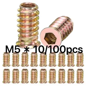 100 PCS M5x10mm Threaded Wood Inserts, Wood Inlaid Screws, Hex Drive Self-Tapping Insert Nuts, Zinc-Plated Carbon Steel Furniture Fasteners, Ideal for Repairing Cabinets, Chairs and DIY Projects; Hex Socket Drive Nuts, Bolts & Fastener Connectors.