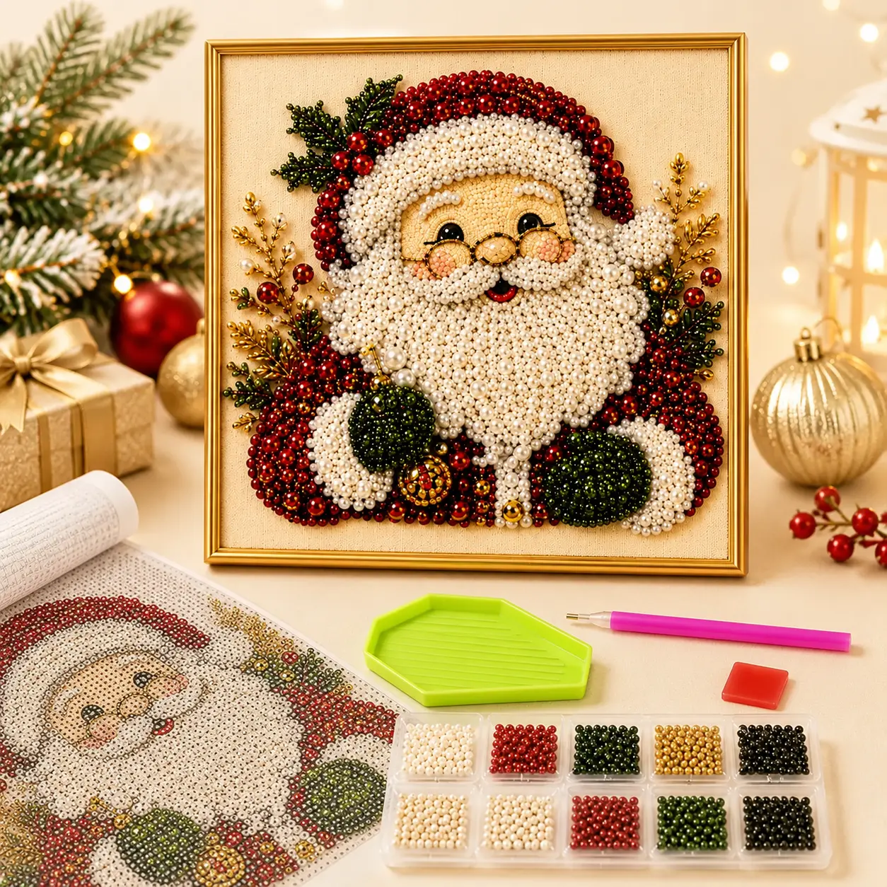 Frameless 3D Beaded Christmas Pearl Diamond Painting, Xmas Wreath Stocking Mosaic Art, Stress Relief DIY Home Wall Decoration