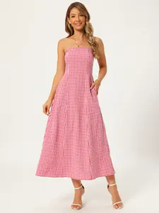 INSPIRE CHIC Women's Gingham Strapless Maxi Dress Summer Vacation Beach Casual Flowy Sundress with Pockets