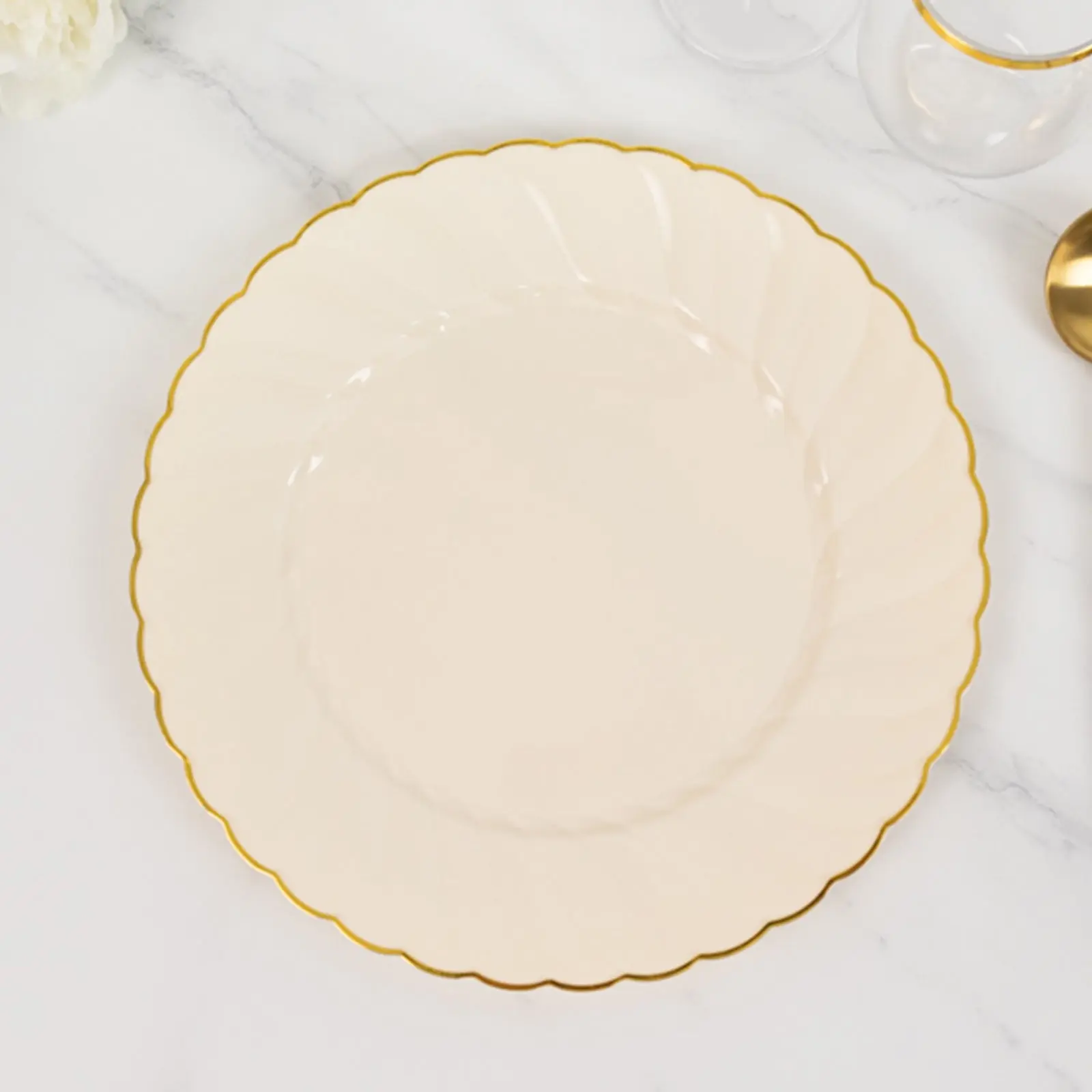 10-Pack 10-Inch Ivory Plastic Round Dinner Plates with Gold Flair Rim - Disposable Gold Plastic Dinnerware, Disposable Tableware Set for Wedding, Birthday, Classy Party, 10 Inches