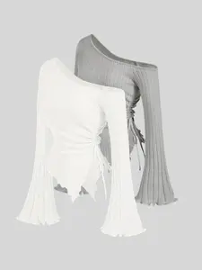 Elegant Asymmetric Hem Flare Sleeve Fitted T-Shirt Set, Drawstring Design for Elegance, Stylish Women's Casual Wear, Perfect for Daily