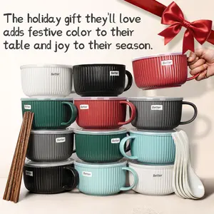 Artena 38 oz Soup Bowls with Handles Lids Spoons & Chopsticks 6 Inch Large Microwave Safe Ceramic Ramen Bowls Soup Mugs Cereal Bowls for Instant Noodles Oatmeal Meal Prep Set of 2