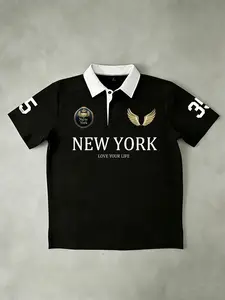 Men's New York Letter Wing Print Polo Shirt, Fitted, American Vintage Style, Streetwear, Block, Short Sleeve, Summer Casual Fashion Top