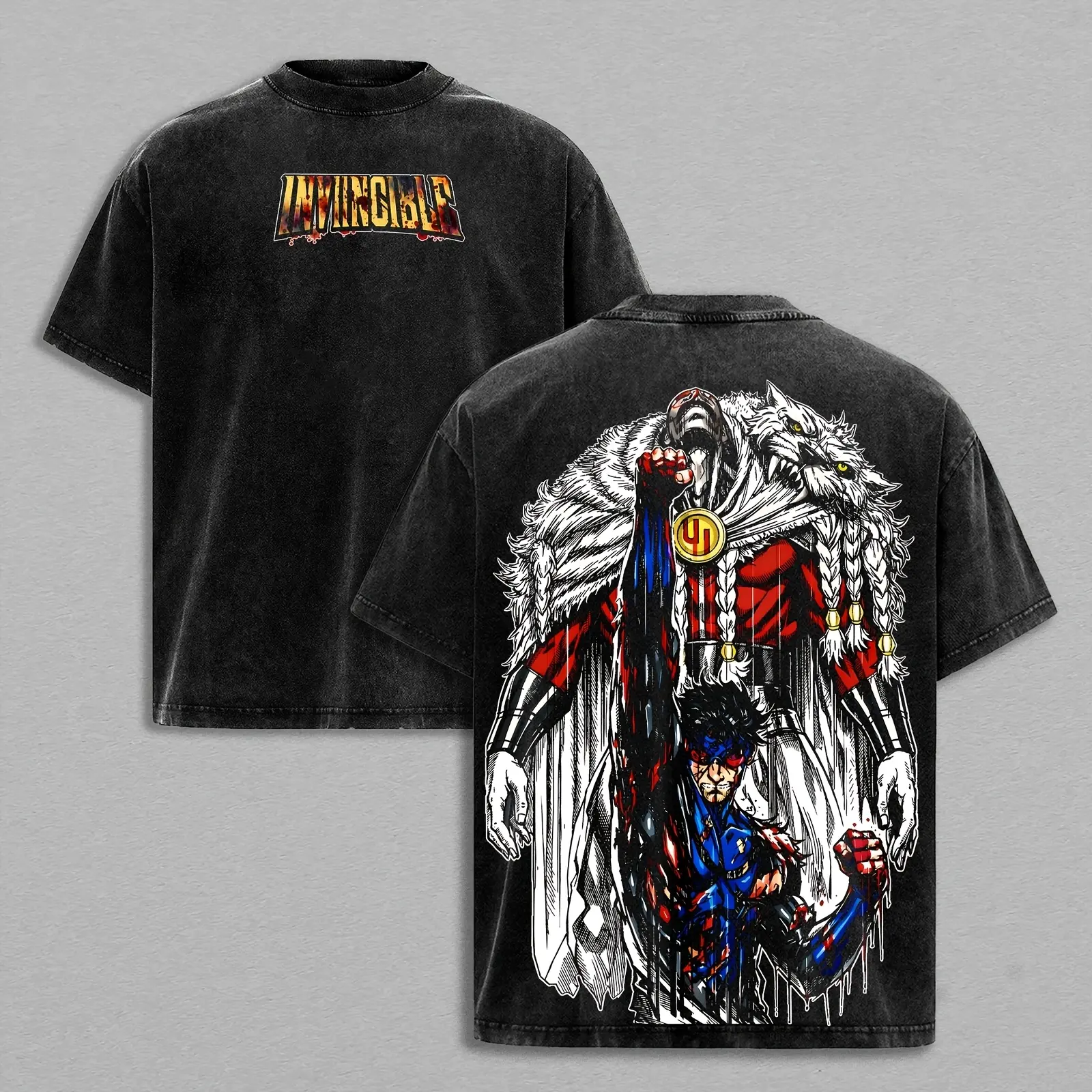 Invincible Thragg vs Mark Grayson Graphic Tee  Vintage Washed Oversized Heavywe