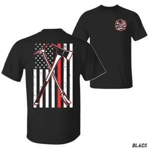 Firefighter Axe Flag Shirt, Navy Blue Fire Dept Graphic Tee, Patriotic Thin Red Line Shirt For First Responders And Heroes, Gift For Men Cotton Top