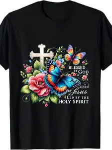 Cross Butterfly Floral Christian Graphic Tee, Blessed By God Holy Spirit Quote Shirt, Retro Religious Statement, Breathable Casual Top For Believers & Gift