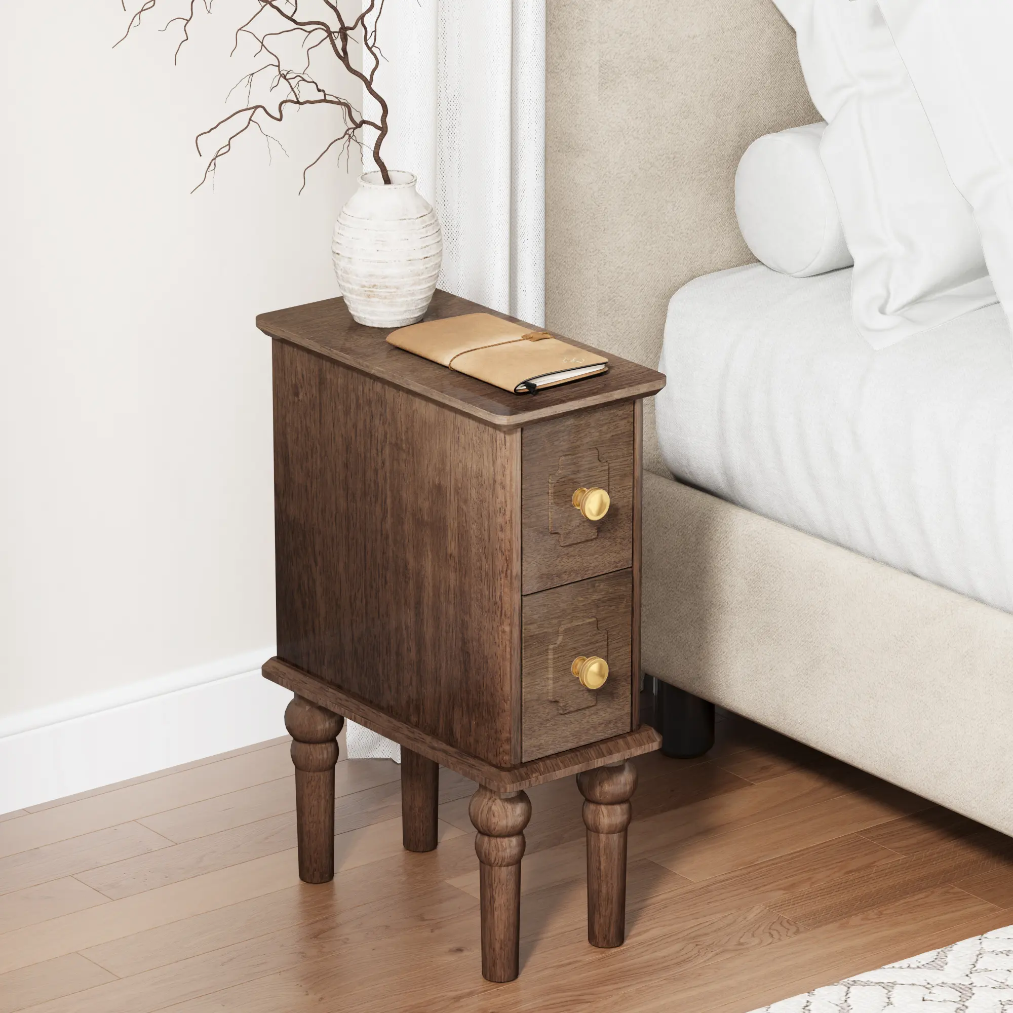 Narrow Nightstand with 2 Drawers - Solid Wood Bedside Table, Mid Century Modern Nightstands, Small Night Stand for Bedroom - Walnut, 7.87" D x 15.75" W x 22.83" H