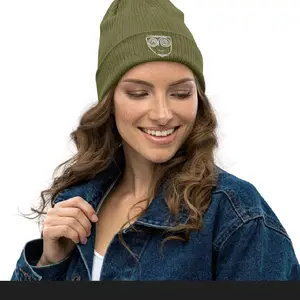 "Breath. Meditate. Smile" Embroidered Beanie - Olive Green Knit Hat with Smiley Face Design