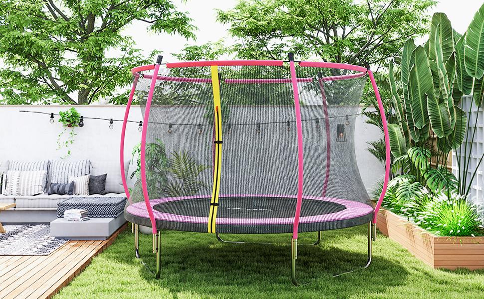 Soozier 10ft Trampoline Outdoor for Kids Adults, Recreational Trampoline with Net Enclosure, Curved Poles and Safety Spring Cover, ASTM Approved, Pink/Red