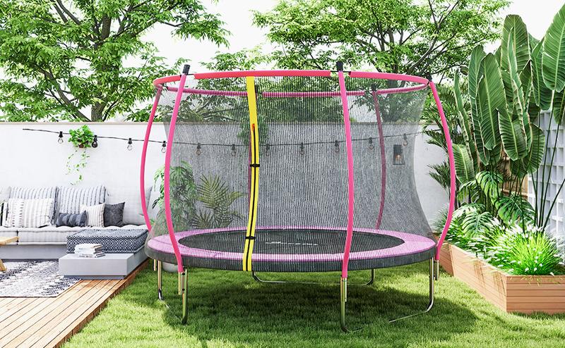 Soozier 10ft Trampoline Outdoor for Kids Adults, Recreational Trampoline with Net Enclosure, Curved Poles and Safety Spring Cover, ASTM Approved, Pink/Red