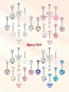 Stainless Steel Zircon Belly Ring Set, Butterfly Heart Decorative Navel Rings, 8 Piece Fashion Body Jewelry Piercing Jewelry, Elegant Rhinestone Design for Women and Girls, Belly Button Jewelry