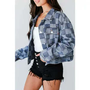 Checkered Patchwork Button up Denim Jacket