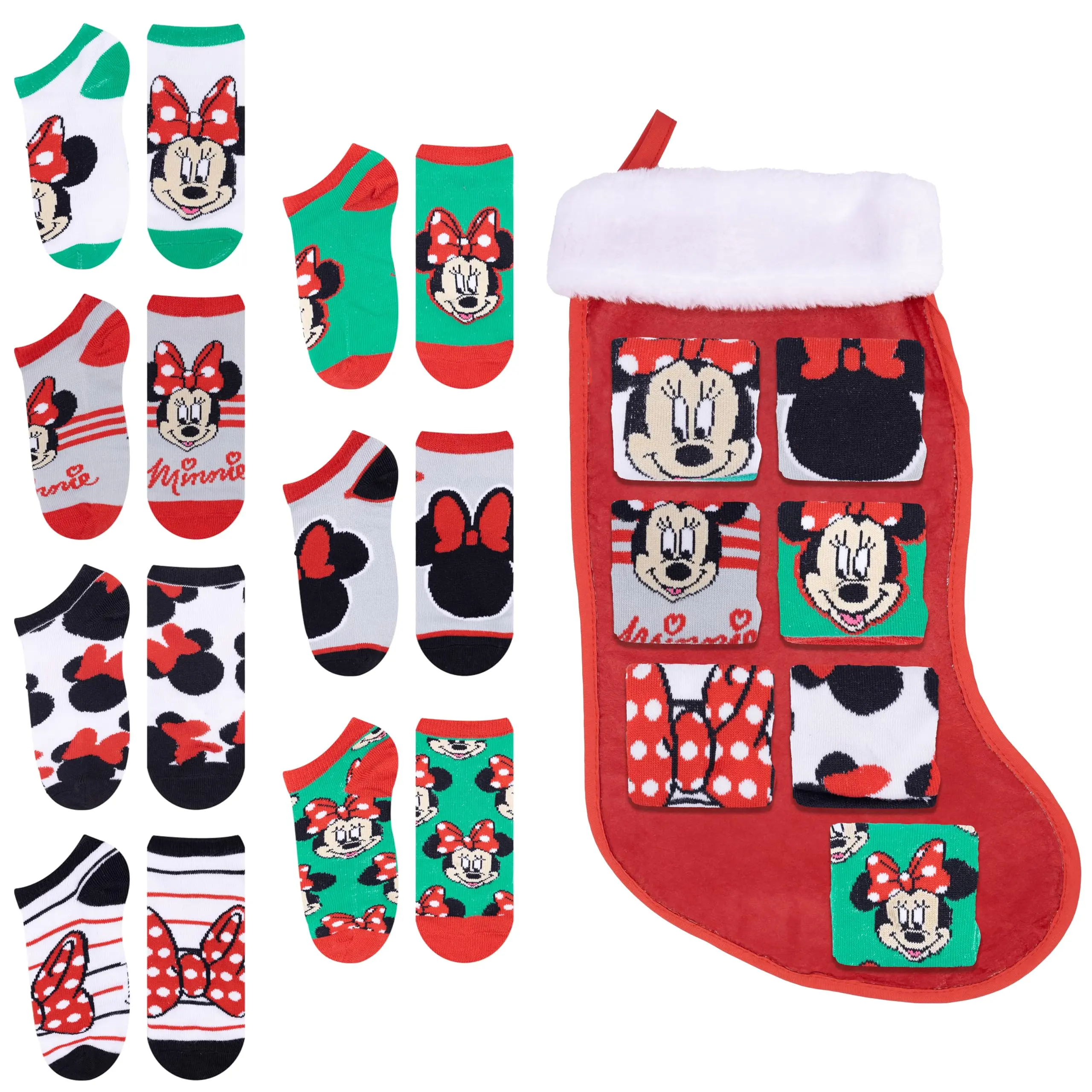 Disney Minnie Mouse Girls 7-Pack Crew Socks with Christmas Stocking, Holiday, Christmas Stocking Included, Cute, Officially Licensed, Us, 11 - 12 Years, Berkshire Fashions