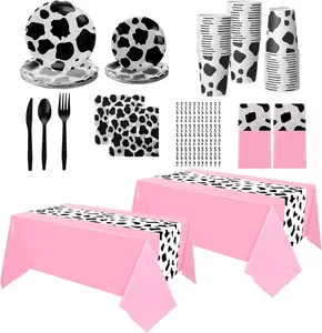 222 Pcs Cow Dinnerware Set for 20 Guest Includes Tablecloth Plates Napkins Decorations Runner Plastic Black White Party Supplies