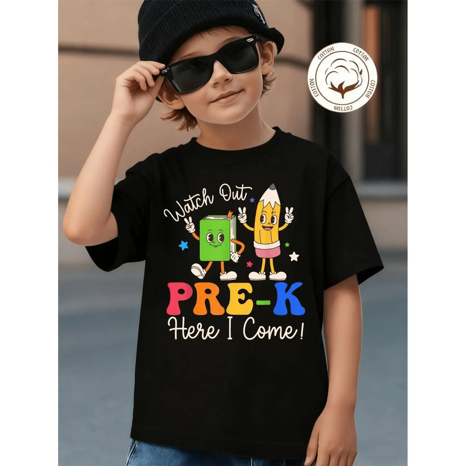 Watch Out Pre-K Here I Come T-Shirt - Cute Cartoon Green Book And Yellow Pencil Characters with Peace Signs, Colorful Stars Design, Soft Crew Neck Tee for Boys Girls Preschool Kindergarten Back to School Gift