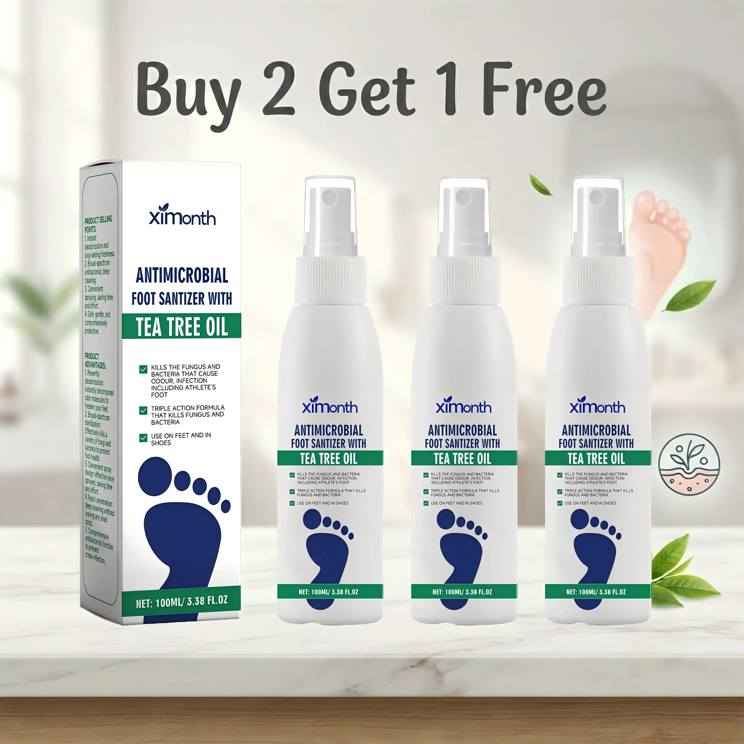 Buy 2 Get 1 Free Tea Tree Oil Foot Sanitizer Spray 3 Pack, Antimicrobial Antifungal Formula Eliminates Foot & Shoe Odor, Natural Moisturizing Foot & Nail Freshener for All Men Women Foot Care