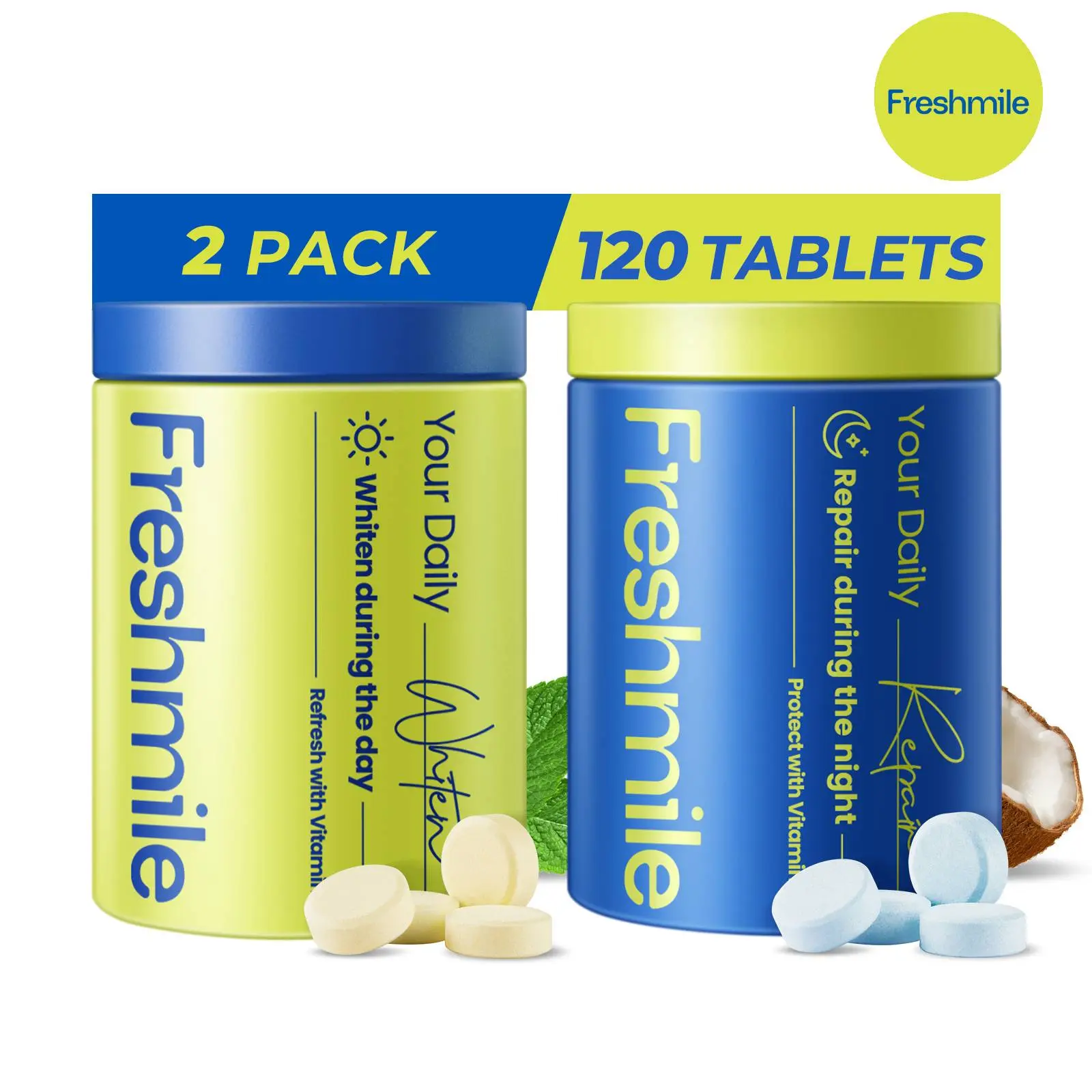 Freshmile Whitening & Repair Toothpaste Tablets Set,120 Tablets,Nano Hydroxyapatite,Fluoride & Plastic Free,Natural Chewable Toothpaste Tablets