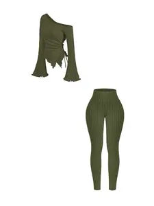 Women's Solid Color Ribbed Long Sleeve Off-Shoulder Asymmetrical Neckline Blouse with Flared Sleeves & Fitted Ribbed Pants Set - Stylish Comfort Casual Athleisure Wear for Spring/Fall