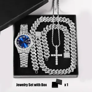Ceramic Watch Set Gift Box Cuban Necklace Bracelet Cross Classic Full Diamond Watch Shiny Luxury Gift Holiday Chain Fashion Silver Zinc Alloy 15mm Width 20inch Length excellent choice