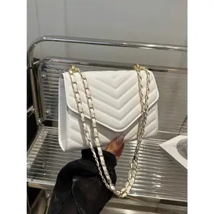 Chevron Detail Chain Square Bag, Minimalist Flap Shoulder Bag, Fashion Crossbody Purse For Women