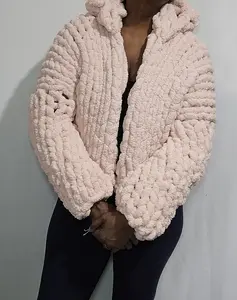 Hand Crocheted Chunky Yarn Jacket - Medium Length, Fitted Design, Comfortable Outerwear for Women Coats