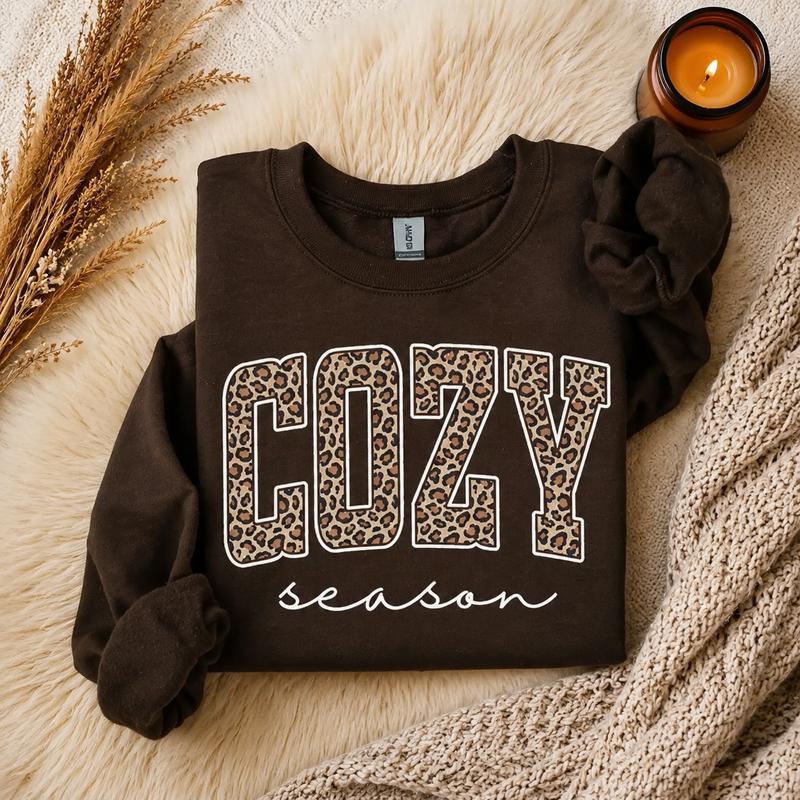 Leopard Cozy Season Sweatshirt, Cozy Autumn Crewneck, Retro Animal Print Pullover, Thanksgiving Holiday Gift for Women