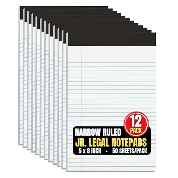 Jr Legal Pads,Small Legal Notepads, 5" x 8", Narrow Ruled Note Pad, White, 50 Sheets/Pad, 12 Pads/Pack
