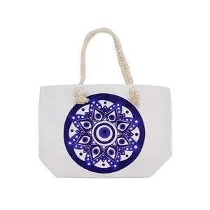 Single Evil Eye Print Rope Handle Cotton Canvas Tote Bag