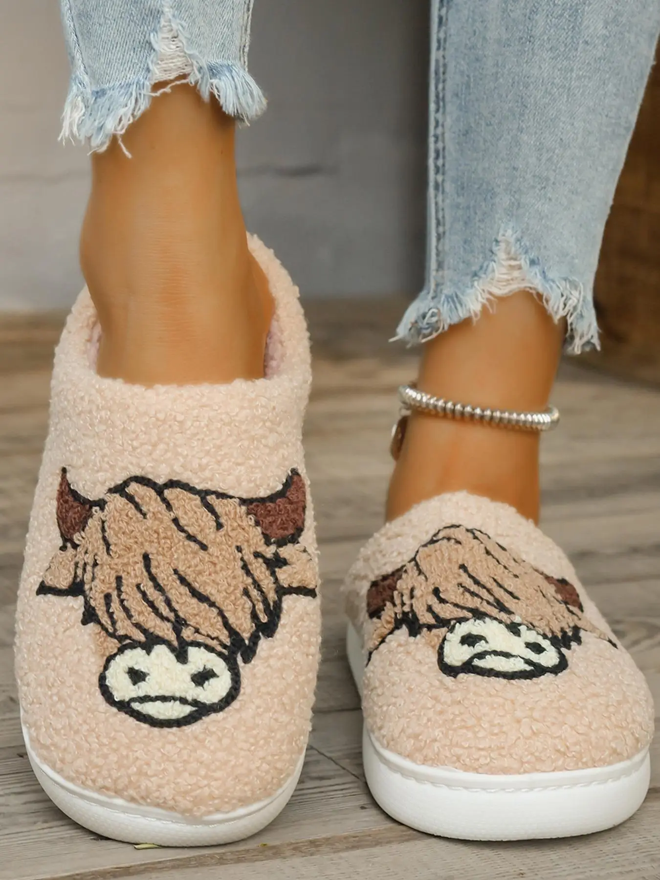 Women's Cute Cartoon Highland Cow Design Plush Slippers, Casual Soft Comfortable Home Slippers, Warm Slippers for Indoor & Outdoor Use for Fall & Wint