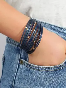 Women's PU Leather Magnetic Buckle Bracelet, Gingham Pattern Open Design, All-Season Fashion Accessory, No Choking Hazard