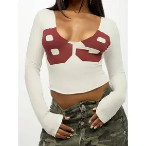 SUMWON WOMEN V-Neck Crop Top Long Sleeve Butterfly Design Fitted Stretch Winter Fall Fashion Y2K Statement Casual Party Club Festival Knit Blouse Can be used with raincoat