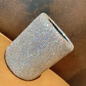 Luxury Diamond Studded Multi-Purpose Storage Bucket, Elegant Faux Leather Organizer for Office & Makeup Brushes, Glossy Finish