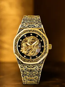 A men's retro carved fine steel strip, rhinestone scale relief gold dragon high-end design style, personalized high luxury octagonal fully automatic mechanical watch