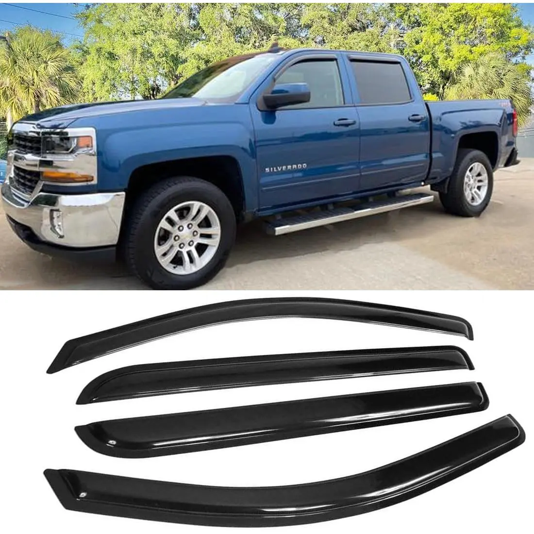 Acrylic Side Window Deflectors & Visors - Self-Adhesive Automotive Grade Tape, UV Resistant, Weatherproof Vent Sun Shades with Degreasing Wipes for 2014-2018 Silverado/Sierra 1500, 2015-2018 Silverado/Sierra 2500 HD-3500 HD Crew Cab Car Accessories
