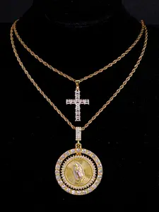 4pcs Layered Virgin Mary Saint Jude Rotating Pendant Cross Necklace Set, Dainty Cross Necklace, High-Quality Iced Out Zircon Jewelry for Men & Women