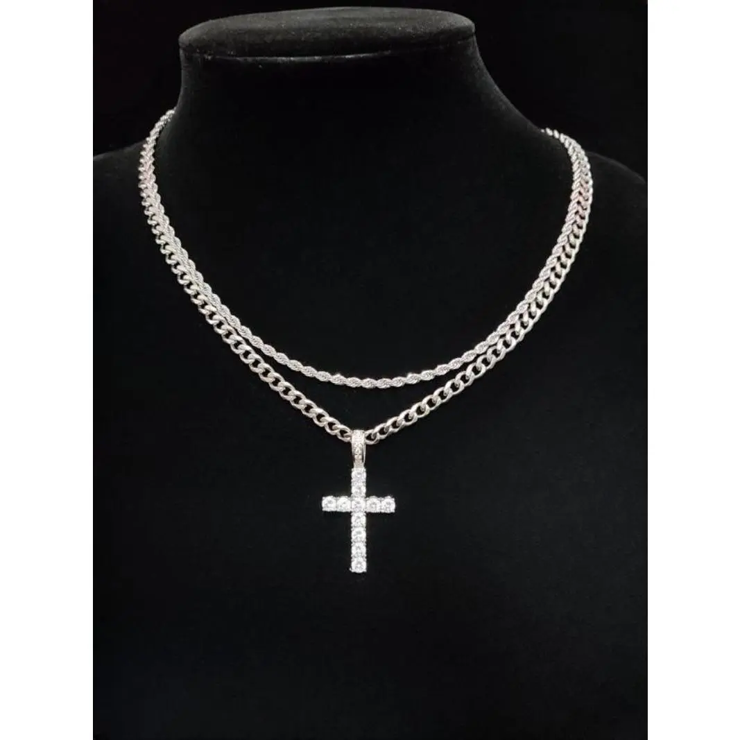 Trendy 2025 Hip Hop Twist Chain Necklace Set - Rhinestone Cross Pendant & Matching Bracelet, Stainless Steel Streetwear Jewelry | Bestie Gift, Back to School Accessories, Viral TikTok Fashion Jewellery Elegant Fashionable Decoration