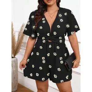 Plus Size Floral Print Rompers, Women’s Casual Fashion Short-Sleeve Romper for Everyday Outdoor Wear, Women’s Plus-Size Clothing for All Seasons GARMENTARY