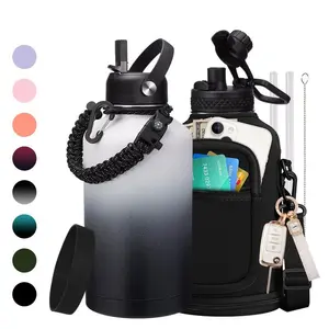 Half Gallon Vacuum Flask Water Bottle - Stainless Steel Insulated Water Bottle, Big Water Jug with Straw & Spout Lid, Paracord Handle, Carrier Bag, 32/40/64/128oz
