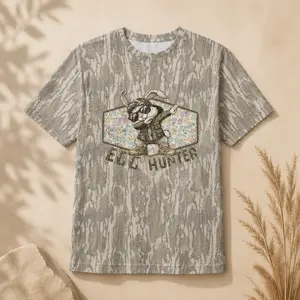 Egg Hunter Camo Graphic T-Shirt, Funny Easter Bunny Hunting Tee, Cute Rabbit Print Short Sleeve Crewneck Shirt for Men Women, Outdoor Casual Top