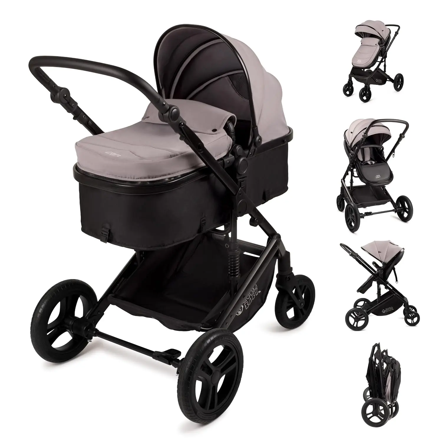 Stroller with Gray and Black Color Scheme, Four-Wheeled Design, Foldable for Easy Storage, Ideal for Babies and Toddlers