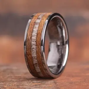 Men's tungsten carbide ring with natural wood and deer antler inlay, rustic style wedding ring, durable polished silver rim ring, gift for husband, anniversary, father's day