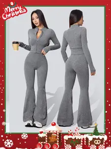 Women's Yoga Two-Piece Set, High-Waisted Long Pants & Zip-Up Jacket, Sporty Fitted Design, Breathable Fabric, Ideal for Gym & Daily Wear, Textured Sweatsuit