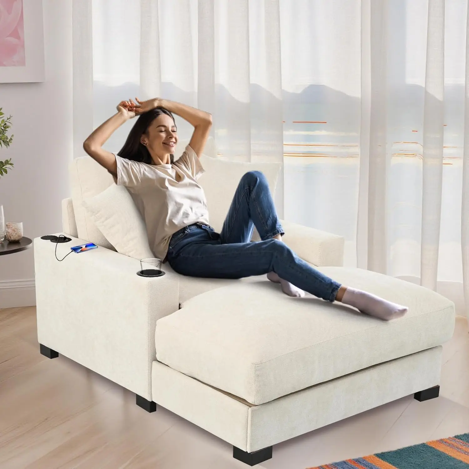 41" Indoor Oversized Adjustable Backrest Chaise Lounge (40-56 In Range) - Corduroy, 2 Pillows, USB Charger, Cup Holder, Sofa Bed Sleeper, Reading Chair, Sleeps 1, 60.6”x41”x35”h, Assembly Required, Apartment/Studio Furniture, Horizontal, Sleeps One