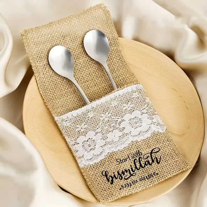 Bismillah burlap napkin holders, 5 pieces, Islamic table decoration, Ramadan Kareem Eid Al Fitr, Muslim family party supplies