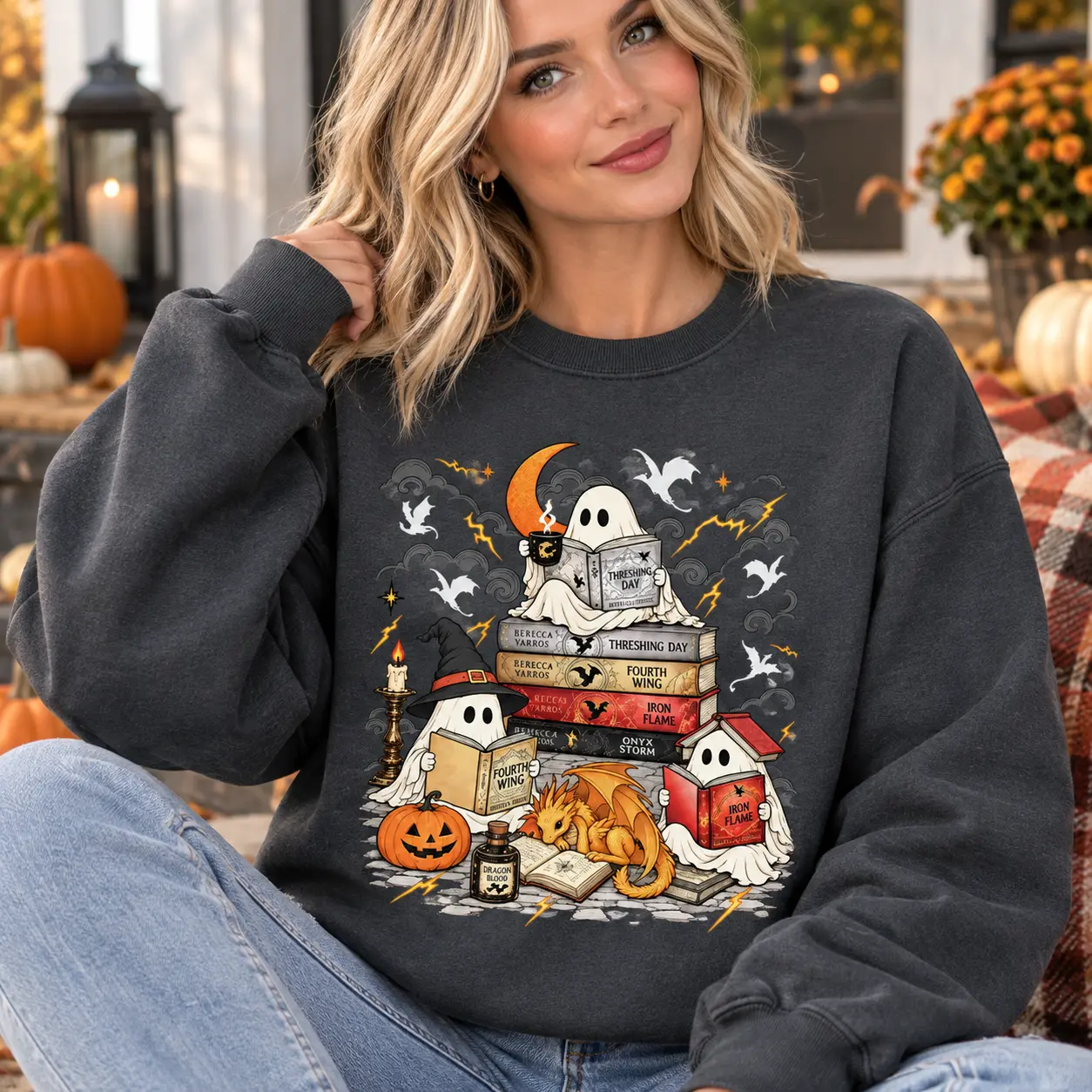 Men's Fourth Wing Ghost Fleece Sweatshirt - Threshing Day Reading Pullover, Empyrean Series Reader Crewneck, Soft Fabric Casual Wear with Perfect Fit for Halloween Book Lovers