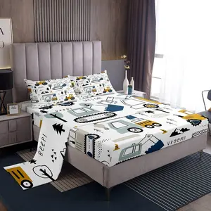 Feelyou Cartoon Vehicles Bedding Set - Deep Pocket Bedsheet Sets, Breathable Kids' Bedding with Car, Excavator, Truck Prints, Available in Twin, Full, Queen Sizes