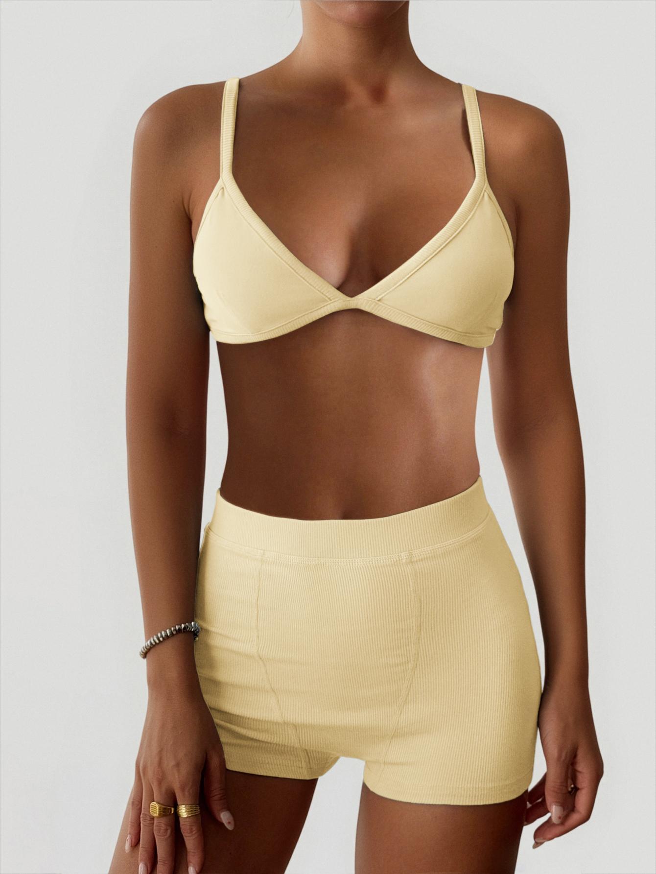 Women's 2 Piece Ribbed Yoga Set - Triangle Cami Crop Top & High Waisted Shorts, Stretchy Activewear for Gym, Fitness & Lounge Wear